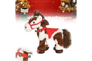 FONI Spotted Electric Plush Horse, Interactive Brown-and-White Spotted Pony with Joyful Neighing Sounds, Soft Adorable Red Saddle with a Green Bell for Soft Fabric, Christmas Birthday Gifts(1PC)
