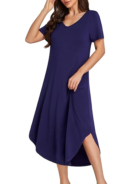 KIFOVEN WOMEN’S V NECK SHORT SLEEVE NIGHTDRESS SIDE SLIT IRREGULAR NIGHTGOWNS NAVY BLUE X-LARGE