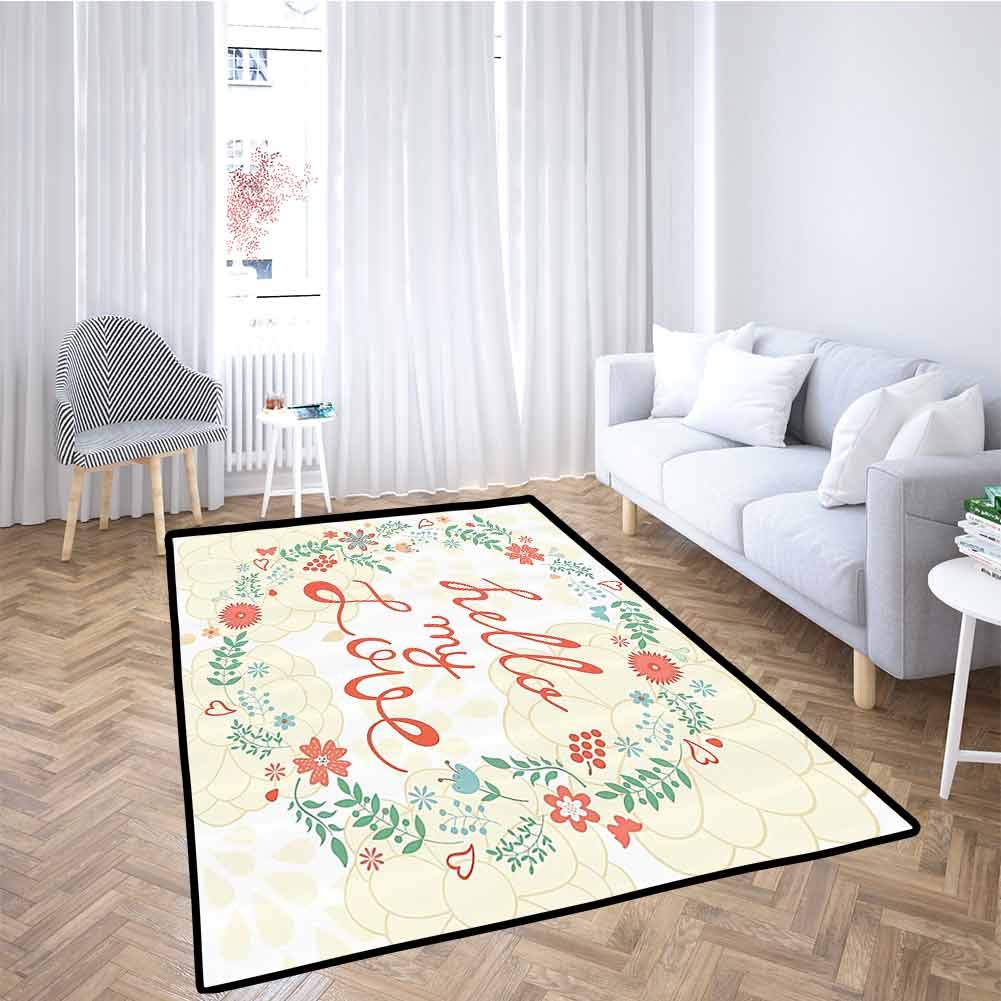 Hello My Love Living Room Area Mat Rug Chrysanthemum Floral Bouquet Home Modern Art Sample Designer Artwork Quote Teen Girls Feminine Print for Play Area Playroom Bedroom Ivory Coral Green 5x8 Feet