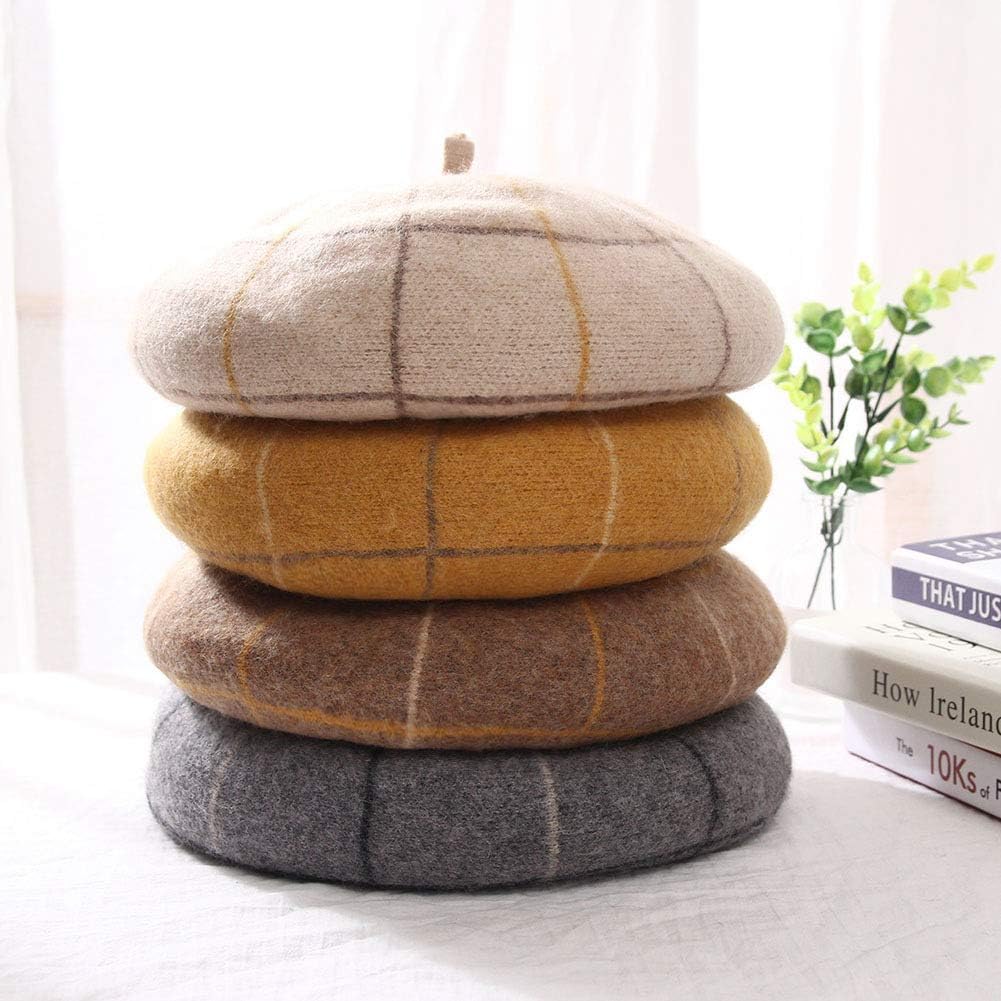 Hat Female Korean Wild Plaid Wool Beret Autumn Winter Warm Painter Hat Japanese Retro British Pumpkin Hat Khaki