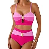 Herseas Women's 2 Piece Colorblock Bikini Sets Oval Metal Cutout Swimsuit High Waisted 2026 Beach Summer Swim Bathing Suits