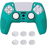 eXtremeRate PlayVital Aqua Green 3D Studded Edition Anti-Slip Silicone Cover Skin for ps5 Controller, Soft Rubber Case for PS5 Wireless Controller with 6 White Thumb Grip Caps