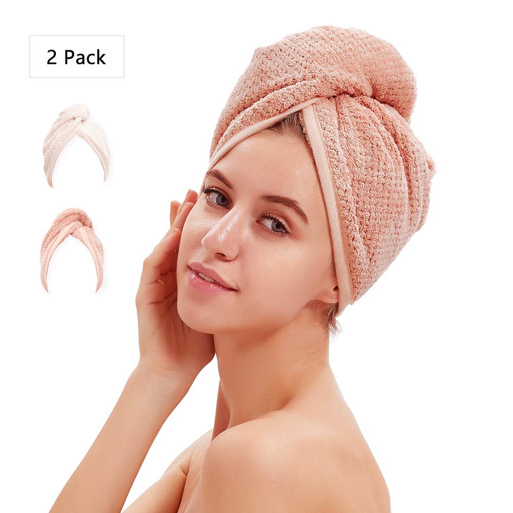 M-bestl Hair Drying Towels, Hair Wrap Towels, Super Absorbent Microfiber Hair Towel Turban with Button Design to Dry Hair Quickly (2 Pack)