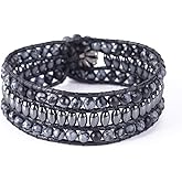 YGLINE Boho Handmade Natural Stone Bead 3 Row Wide Wrap Wrist Statment Bracelet Jewelry Collection