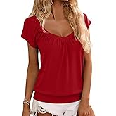 Hongqizo Womens V Neck T Shirts Cap Sleeve Summer Casual Shirts Banded-Bottom Loose Fit Basic Tops