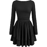 Women Boat Neck Long Sleeve Ribbed Tiered Ruffle Skater Mini Party Cocktail Dress