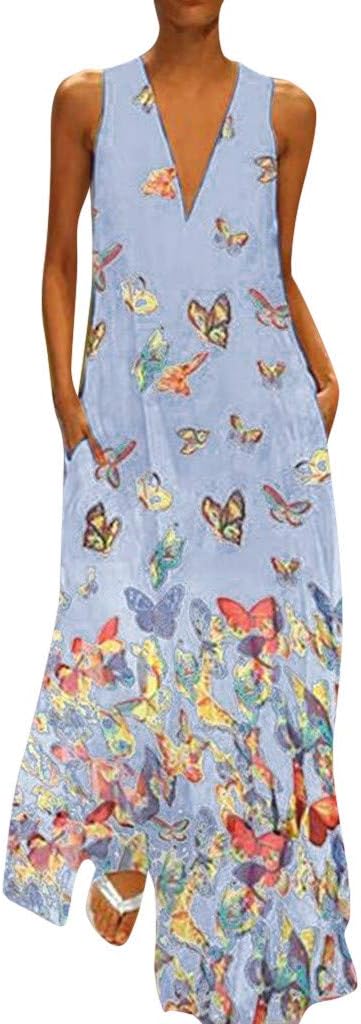 Women Dress Casual Butterfly Print Dress Sleeveless Loose Party Long Dress Summer Fashion Beach Elegant Maxi Dress