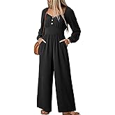 Dokotoo Jumpsuits for Women 2026 Spring Long Sleeves Square Neck Button Decoration Rompers Overalls with Pockets