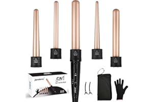 janelove 5 in 1 Wand Curling Iron Set, Ceramic Hair Curling Iron(0.35”-1.25”), Hair Curler for All Hairstyle, with Adjustable Temperature Dual Voltage, Instant Heat up, with Glove & 2 Clips(Gold)