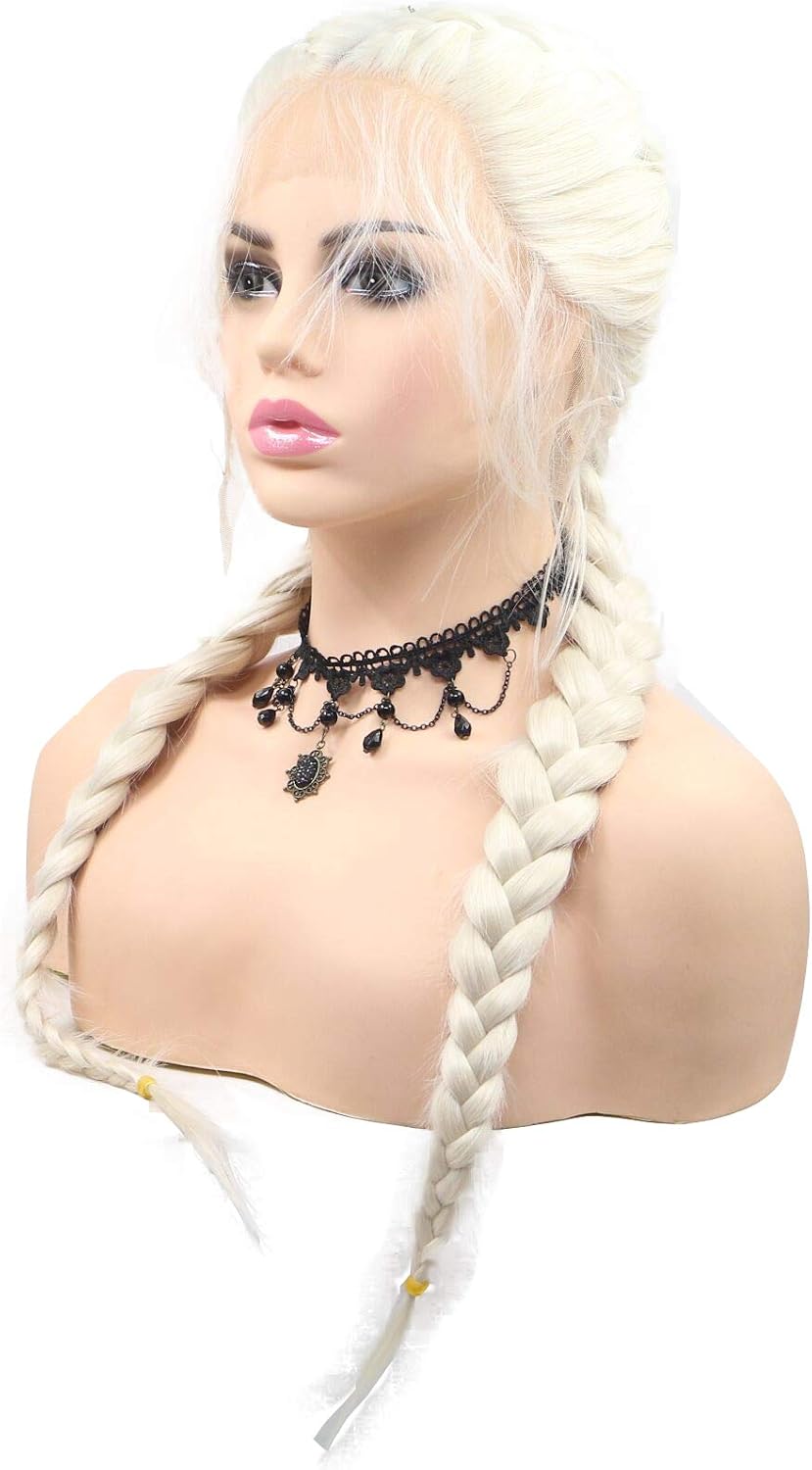 White Blonde Double Braids Synthetic Wigs For Women Handmade Braided All Middle Part Lace Front Wigs With Baby Hair For Drag Queen Makeup Long Heat Resistant 60# Ice Blonde 24" Wigs - Image 3