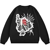 SHENHE Women's Y2k Spiderweb Skeleton Sweatshirt Crewneck Graphic Goth Sweatshirt Pullover