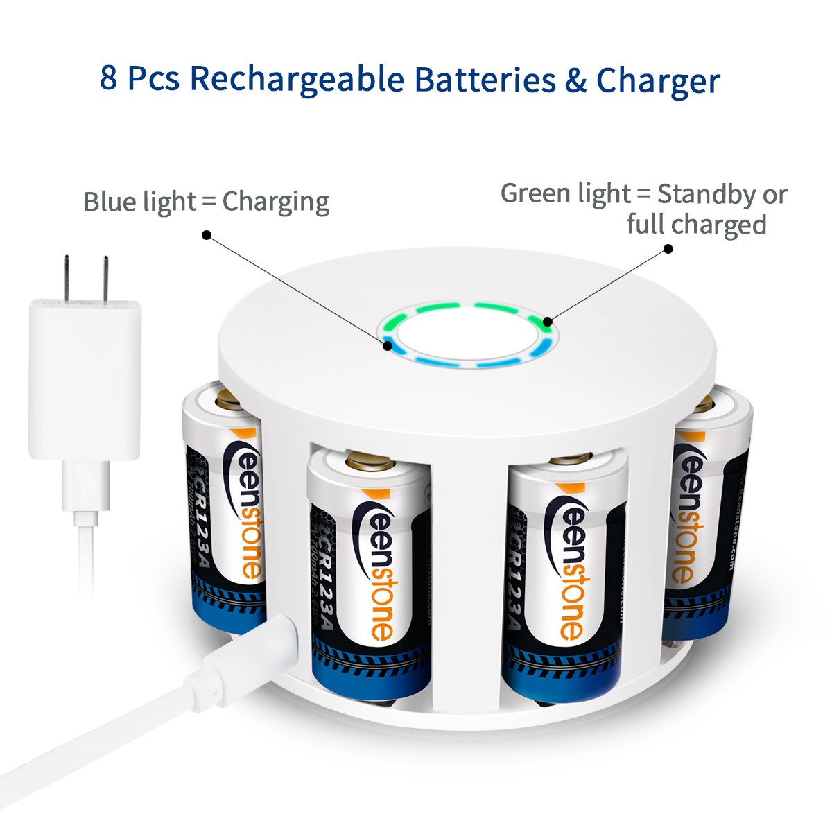 RCR123A Rechargeable Batteries and Charger, Keenstone 12Pcs 3.7V 700mAh Li-ion Battery w/ 8-Ports Charger and Camera Skin for Arlo VMS3030/3230/3330/3430/3530 Security Cameras