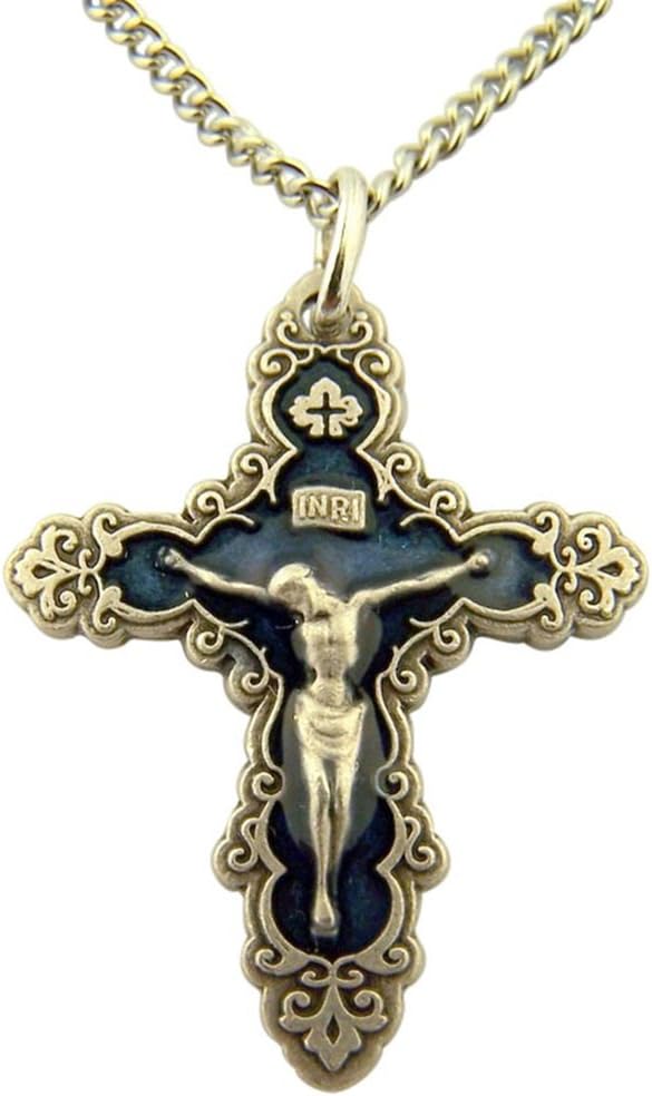 DTCDTC French Nickel Silver and Enamel Catholic Cross Crucifix Pendant, 1 1/4 Inch (Blue)