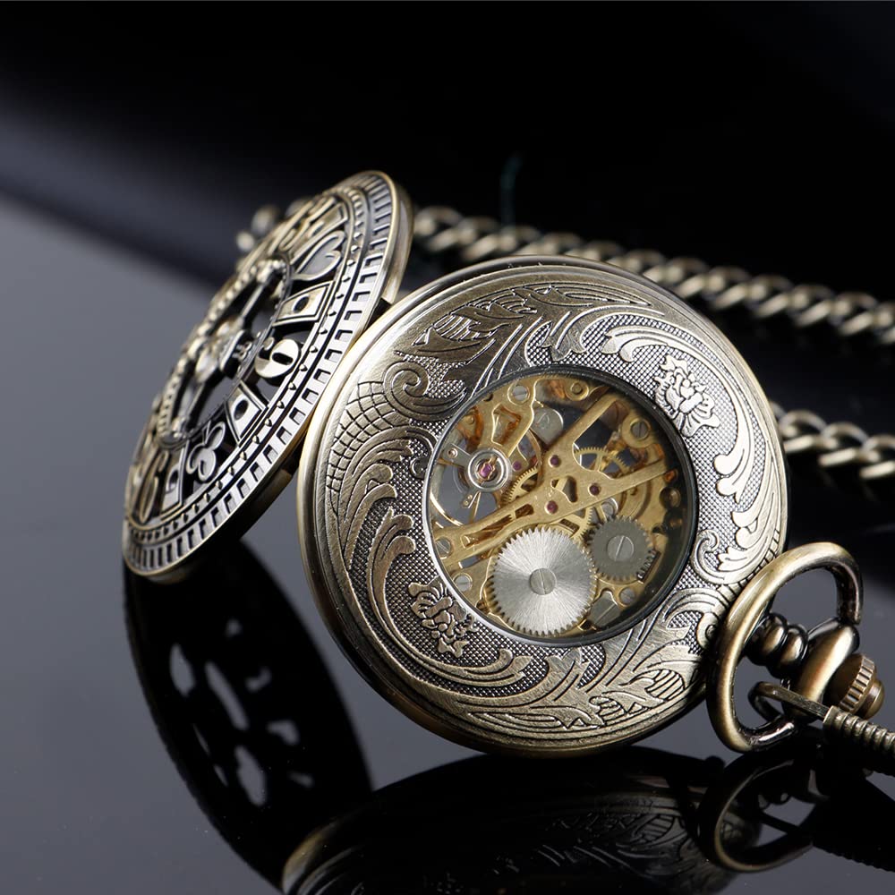 Men's Mechanical Holoow Design Hand Wind Pocket Watch Roman Numerals Steampunk with Chain Box