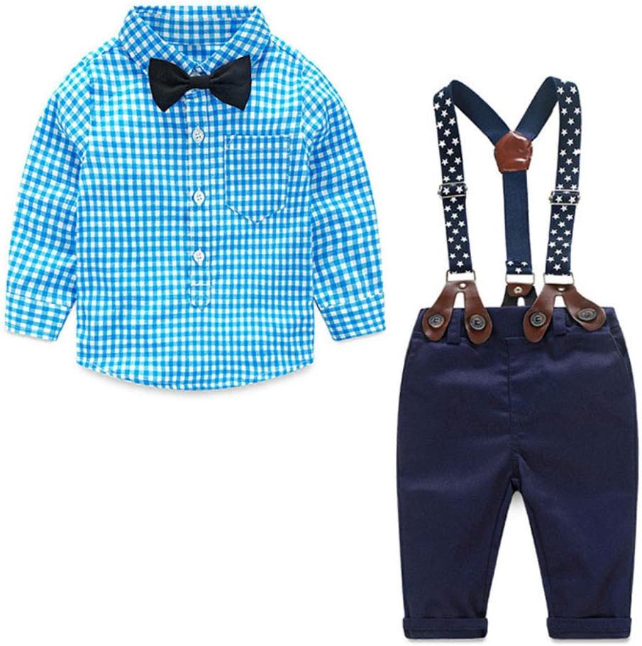 Taiguang Kids Boys Grid Bow Pocket Button Long Sleeve Shirt Suspender Trousers Outfits