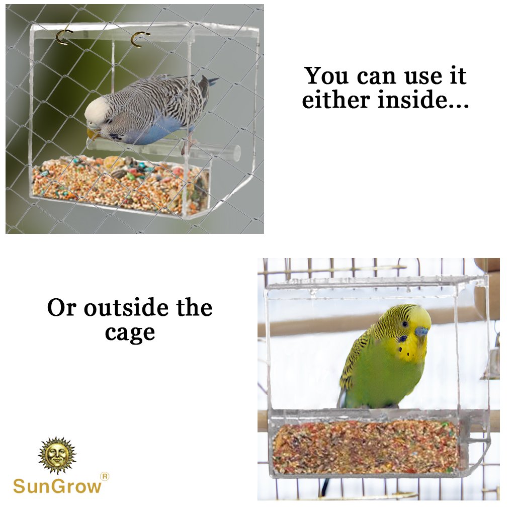 Acrylic Glass Bird Feeder Set -- Spill-proof, Crystal clear - Easy to install with 2 Hooks, Economical - Perch provides enjoyable eating time to Finch, Parakeet, Sparrows - Perfect for all Cage Sizes