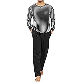 TeJoyce Men's Pajama Set 100% Cotton Mens Pjs Sets Long Sleeve Stripped Top and Pants Sleepwear Lightweight Soft Loungewear