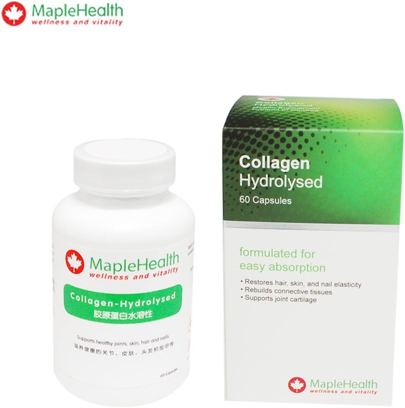 MapleHealth Collagen-Hydrolysed |A small molecule hydrolysate protein powder formulated for easy absorption in the intestinal tract. This protein hydrate is made up of amino acids which are building blocks for cartilage and for healthy skin, nails and hair. Collagen is needed to repair and rebuild connective tissues, and strengthen and improve blood vessels elasticity. Glycine, a protein element of this hydrolysate protein, is a sleep supportive amino acid.