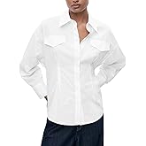 SUNNOW Women's Cinched Waist Pleated Shirt Button Down Blouse with Decorative Pockets Long Sleeve Office to Weekend Top