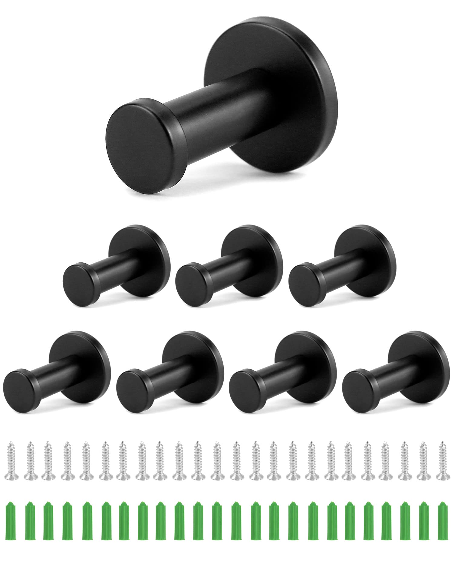QWORK® 8Pcs Black Round Wall Hooks, 55 mm Coat Hook, Kitchen Hooks, Door Hooks, Stainless Steel, for Bathroom, Kitchen, Study