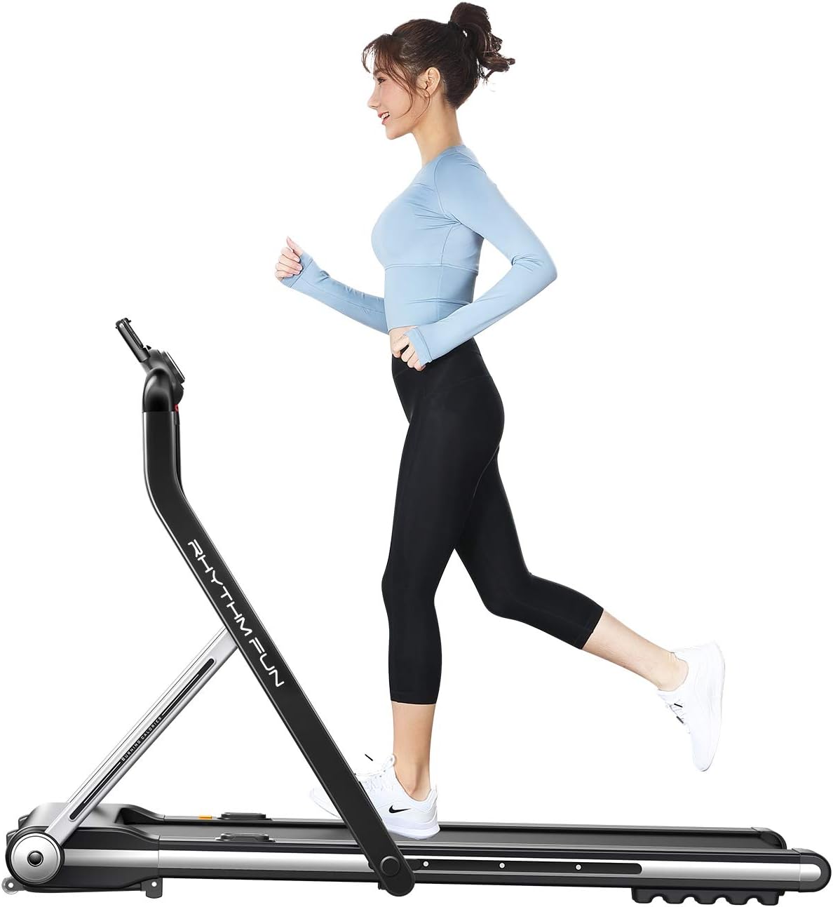 RHYTHM FUN Treadmill Folding Running Treadmill Under Desk Walking Pad Treadmill with Foldable Handtrail Wide Tread Belt Super Slim Mini Quiet Home Treadmill with Smart Remote Control and Workout App