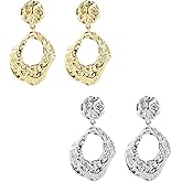 WCRAZYE Hammered Earrings for Women Exaggerated Boho 14K Gold Plated Geometric Posts Teardrop Statement Dangle Earrings Boho Hammer Earrings Irregular Gold Stud Earrings Trendy Bohemian Jewelry Gift