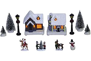 MerryPulse Christmas Village Sets - 12 Pcs Resin Hand-Painted Christmas Figurines, Xmas Village Houses with LED Lights, Xmas Town Scene Display for Indoor Home Desk Decor