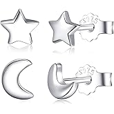 CHIC & ARTSY Solid Real 925 Sterling Silver Satr Moon/Heart Stud Earrings - Dainty Minimalist Stud Earrings - Tiny Cartilage Earrings for Women