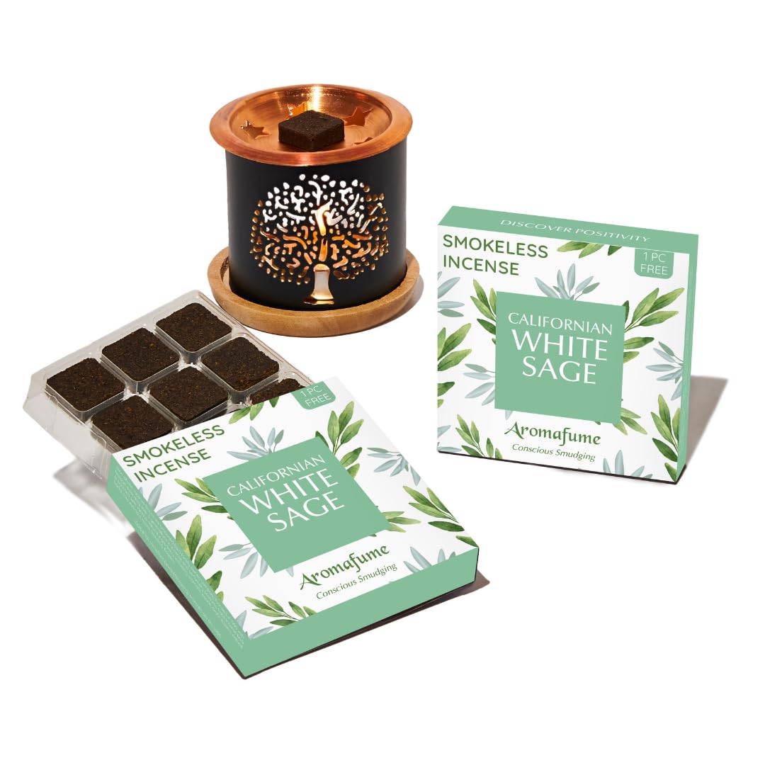 California White Sage Incense Bricks & Tree of Life Exotic Burner by Aromafume | 2 Trays x 9 Bricks | Sage Incense for Cleansing Negative Energy & Protection | Sage for Smokeless Smudging