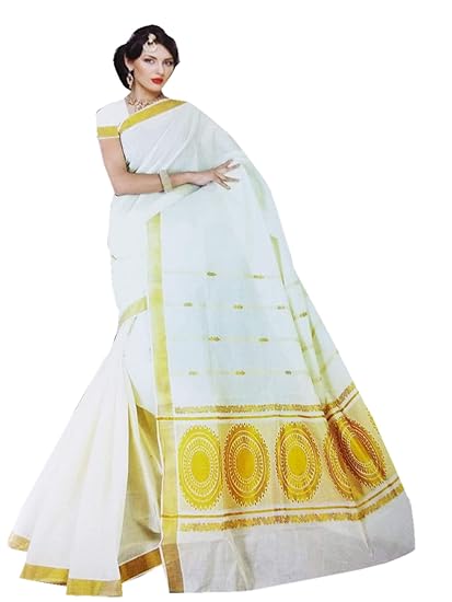 Womens Designer Cotton Kerala Traditional Saree with Golden Border