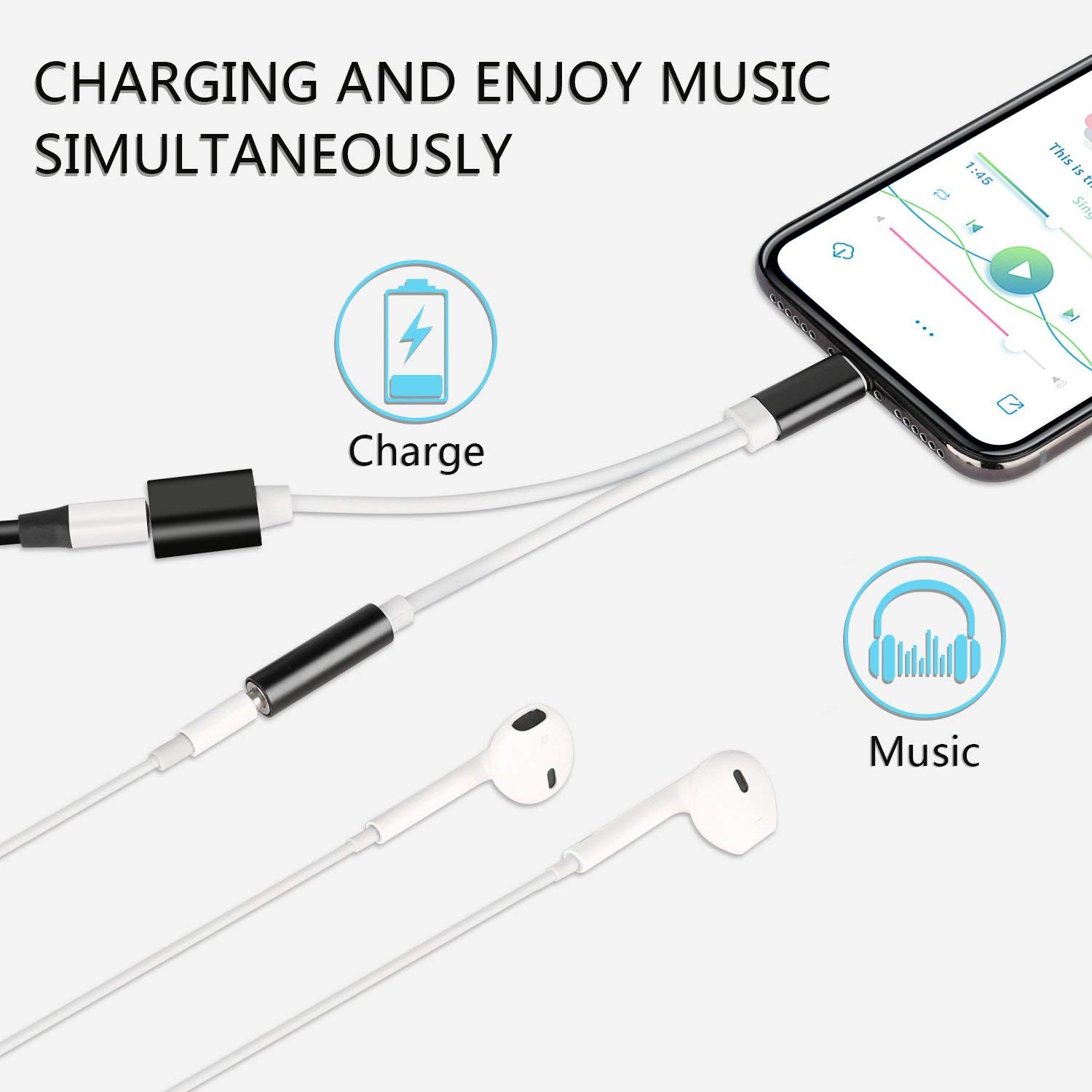 Twinkk 2 in 1 Audio&Charge Headphone Adapter Compatible with iPhone Xs Max/XS/XR/X/8/7 and More Compatible with iOS 10.3/11 or Later (Black)