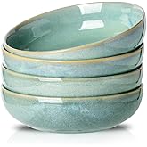 HVH 8.5 inch Large Pasta Bowls Set of 4, 46oz Big Salad Bowl Set of 4, Shallow Bowls, Dinner Bowls Set, Ceramic Bowls Set Microwave and Dishwasher Safe, Smooth glaze (Turquoise)