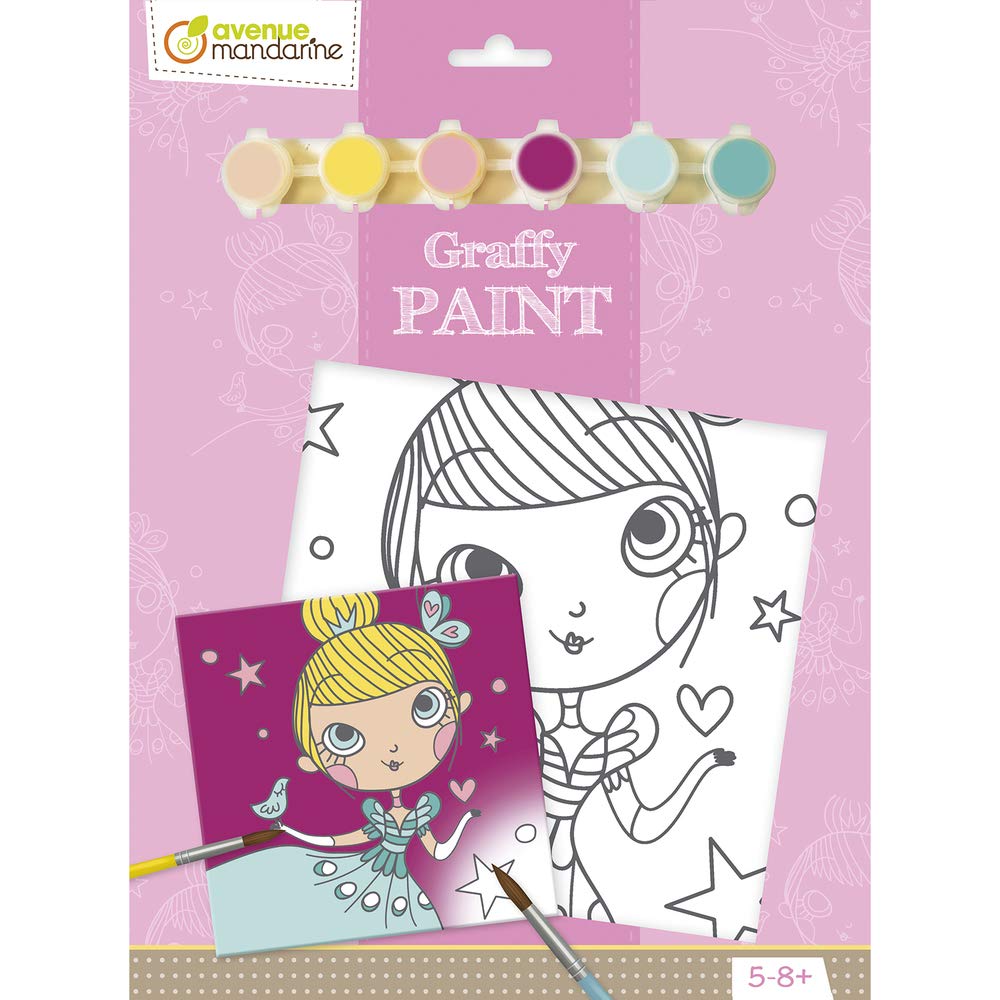 Avenue Mandarine - Ref PP019O - Graffy Paint Activity Set - Princess - Pre-Drawn Painting Cardboard Canvas, 20cm x 20cm, 6 Paints to Use, Suitable for Ages 5-8+