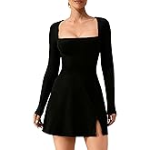 Women's Long Sleeve Square Neck Split Hem Bodycon Mini Party Club Cocktai Dress