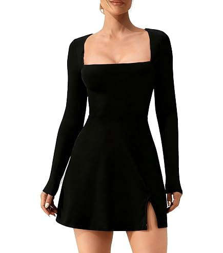 QINSEN Women's Long Sleeve Square Neck Mini Dress High Waist Party Club Outfit Black S : Clothing, Shoes & Jewelry