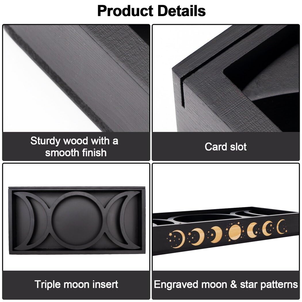Wooden Tarot Card Holder Stand, Crystal Holder for Stones Display, Crystal Storage Organizer, Moon Tray, 3 Tarot Card Stand for Immerse Reading, Moon Phase Design Tarot Deck Display Stand Box for