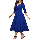 Nmoder Women's Casual Wrap Flared Midi Dress Wedding Guest Cocktail Tea Dresses A-Line Swing V-Neck 3/4 Sleeve