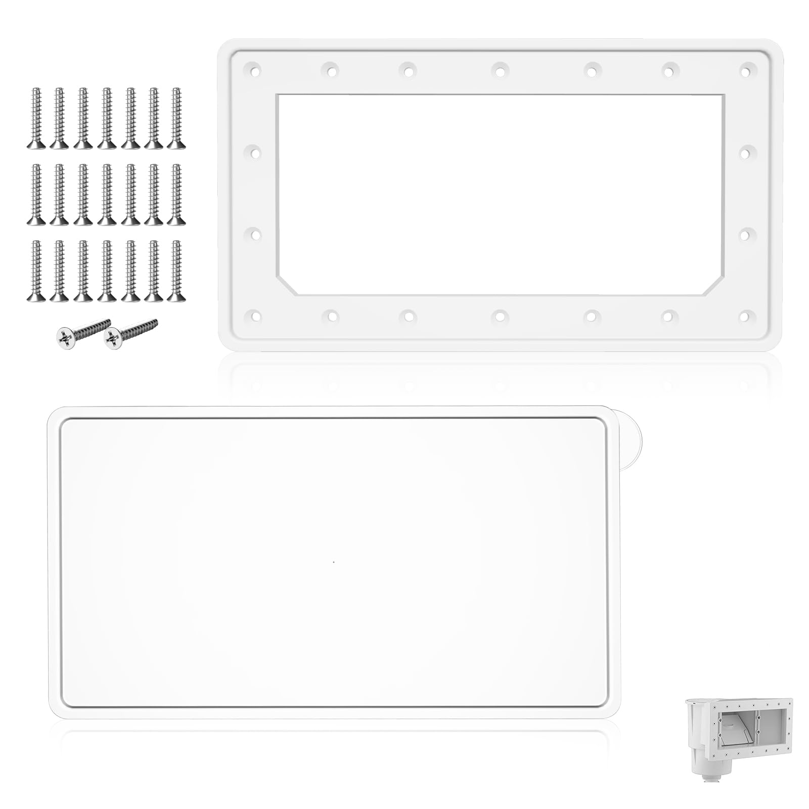 Photo 1 of 1 Set 71010 Widemouth Above Ground Pool Skimmer Cover Kit, Skimmer Cover & Face Plate, Skimmer Lid, Skimmer Closure System, Fit for Skimmer Model 1010, OD 14 1/8" x 7 3/4", ID 11 1/2 x 5 1/8, W/Screws