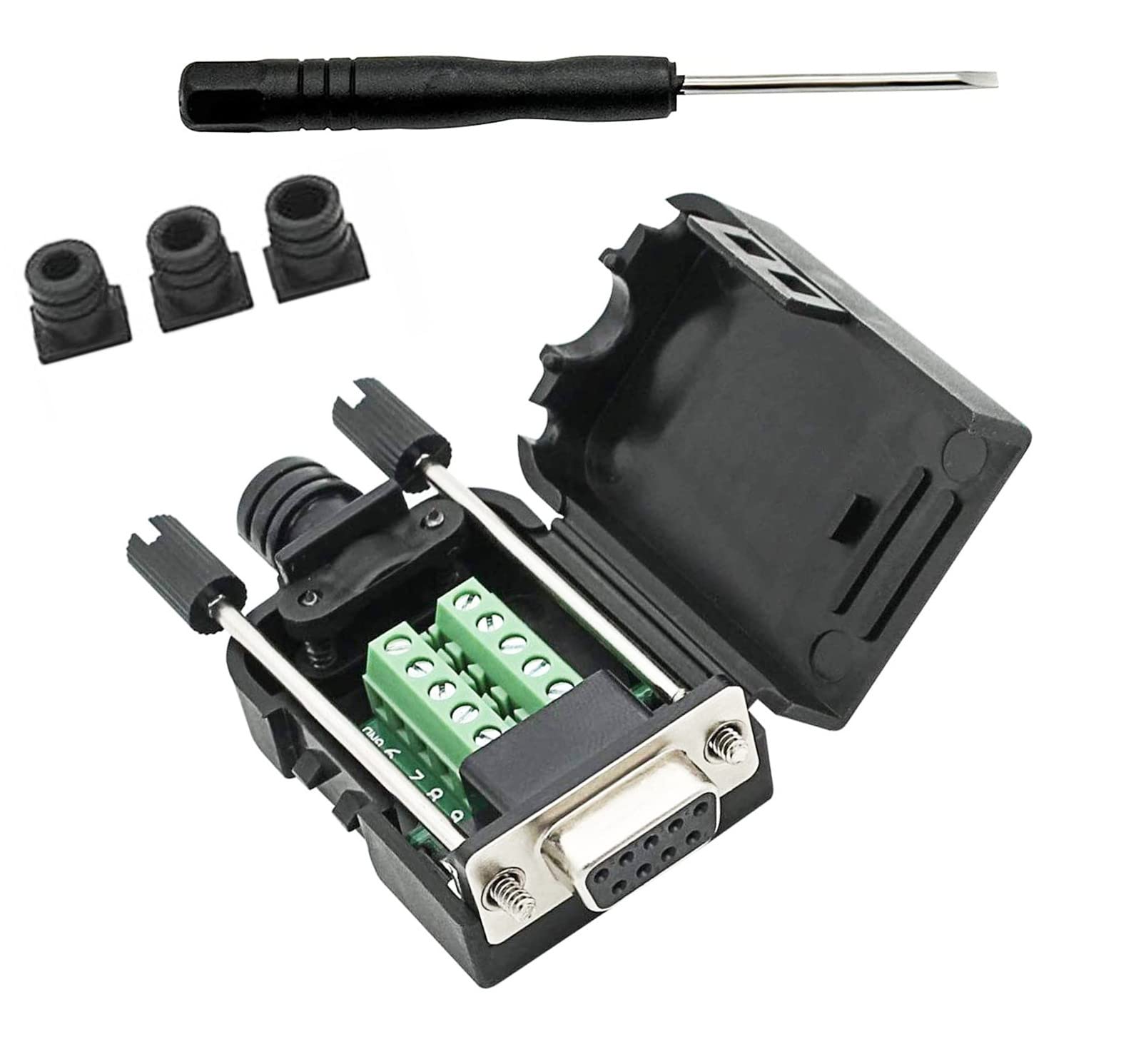 SHANFEILU DB9 Breakout Connector to Wiring Solderless Terminal RS232 D-SUB Female Serial Adapter 9pin Port Breakout Board Black Rubber Core with Case,Screwdriver,Long Bolts
