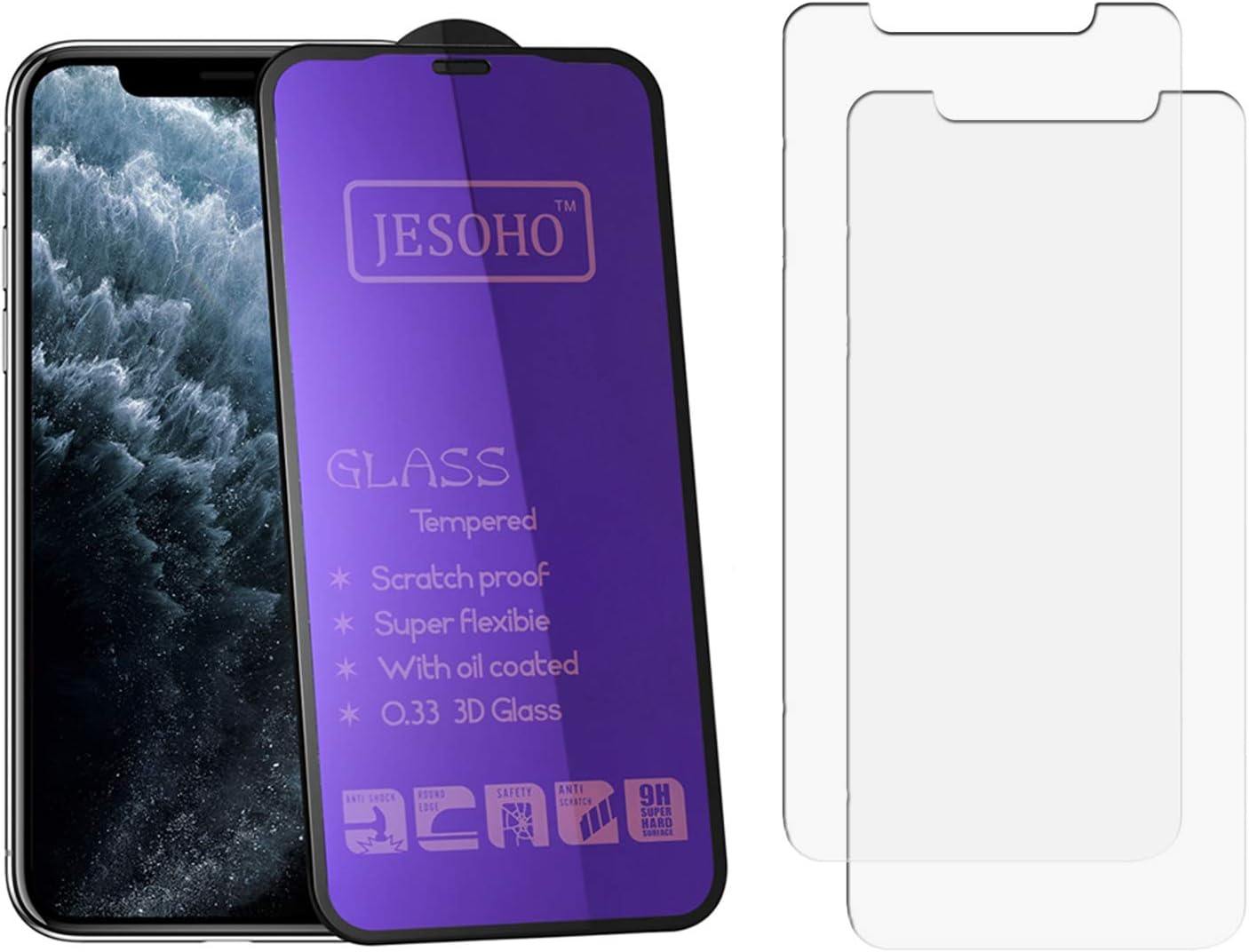 JESOHO Compatible with iPhone XR/iPhone 11 6.1 inch Tempered Glass Screen Protector (1+2 Packs), 3D curve Full Coverage, Anti Blue Light Filter Film, 9H Hardness, Anti-Scratches, Anti-Fingerprint
