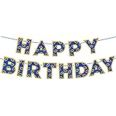 Blue Cartoon Happy Birthday Banner, Blue and Gold Cartoon Animals Forest Birthday Party Backdrop Decorations Gold Border Ring Theme Banner for Boys Girls