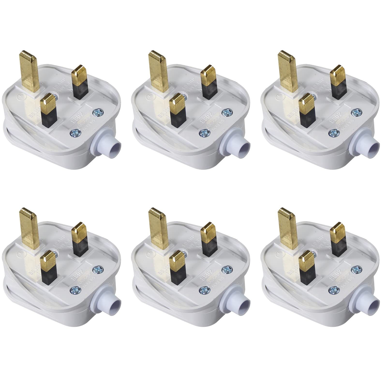 KC cable 13A fused plug, 3 Pin Plug 13 Amp Fused Mains Plugs UK Plug with Cord Grip Rewireable Heavy Duty Electrical Plug Durable for Home, Office Electrical Appliances and Devices (White 6 pack)