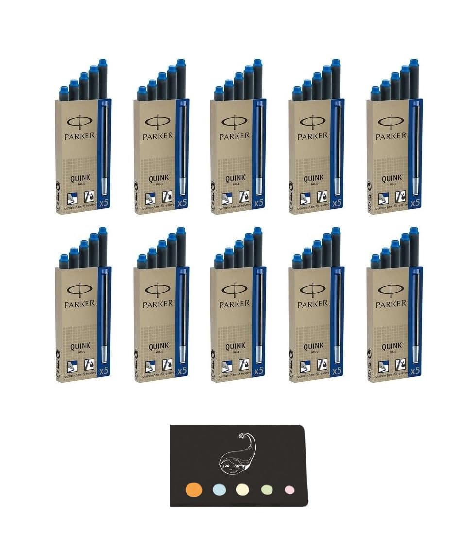 Parker Quink Ink Cartridges Long Blue (Pack of 50) + 1 Wooden Ruler "Cat" Blumie