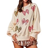 Yiulangde Women Christmas Sequin Oversized Sweatshirt Cute Funny Bow Graphic Pullover Long Sleeve Crewneck Xmas Shirt Top