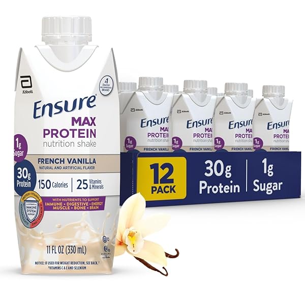 ENSURE MAX PROTEIN SHAKE | FRENCH VANILLA | MEAL SUPPLEMENT SHAKE | READY TO DRINK | 30G PROTEIN FOR MUSCLE BUILDING | 1G SUGAR, 4G FIBER | 11 FL OZ – 12 PACK