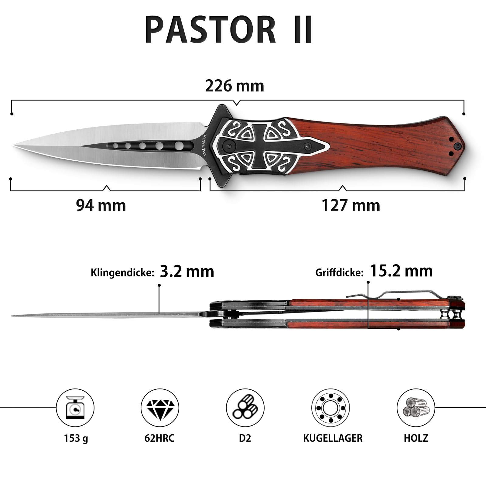 LOTHAR PASTOR 2 Klappmesser, D2 Stahl Einhandmesser mit Gürtelclip, Taschenmesser mit 3D Prägen Reliefgravur, Liner Lock, Geeignet für Sammlung 6