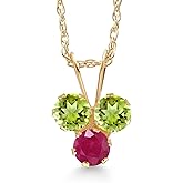 Gem Stone King 14K Yellow Gold Green Peridot and Red Ruby 3-Stone Pendant Necklace For Women (0.40 Cttw, Gemstone August Birthstone, Round 3MM, 18 Inch Chain)