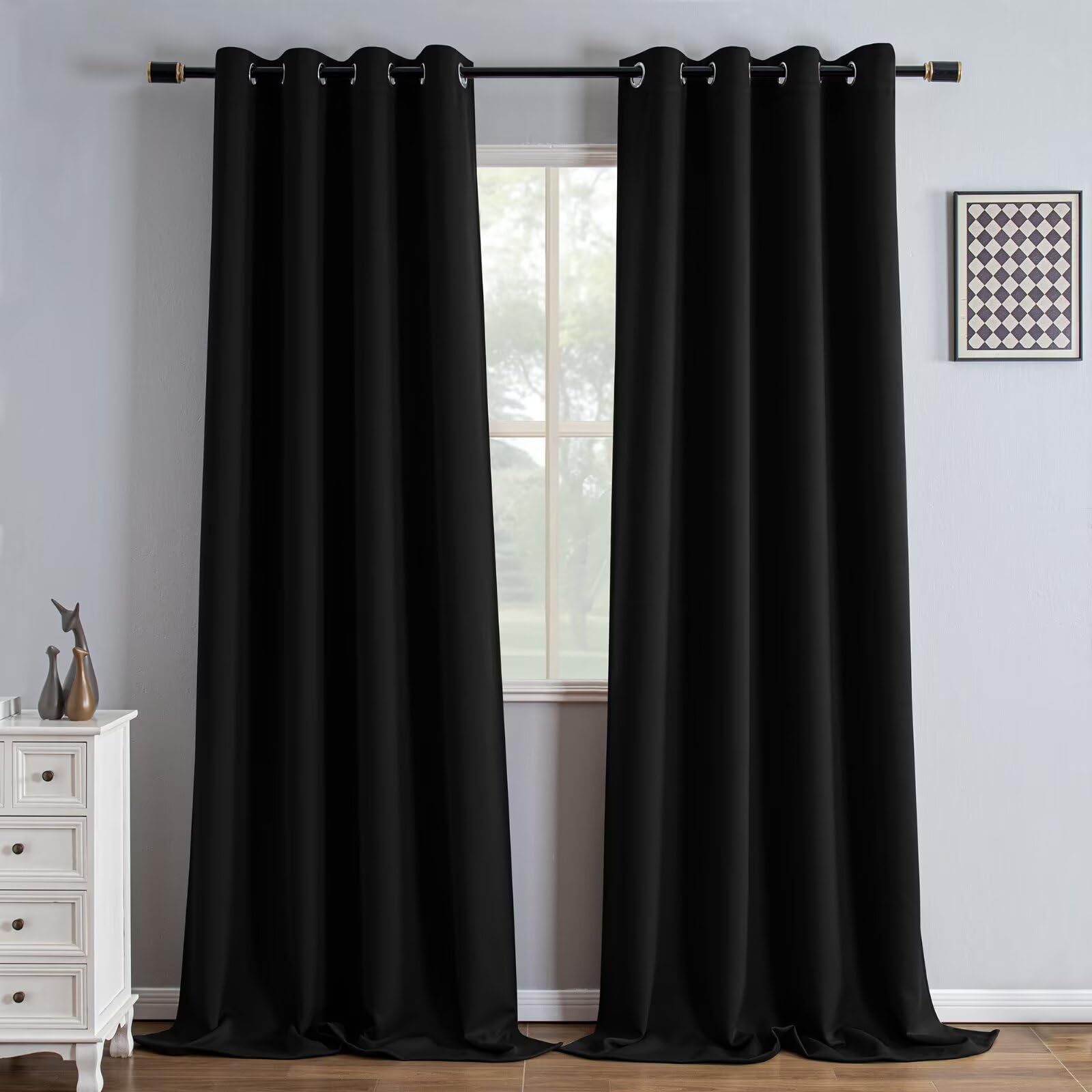 Photo 1 of IGEMAEVE Black Blackout Curtains 90 Inch Length 2 Panels Set, Black Out Curtains for Bedroom 90 Inch Long, Grommet Energy Saving Room Darkening Drapes for Living Room Window(W52 x L90)