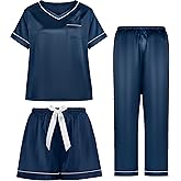 TinyChoice 3 Piece Silk Satin Pajamas Set for Women Soft Short Sleeve Pjs Silky V Neck Sleepwear with Top Shorts and Pants,Navy Blue,XXL