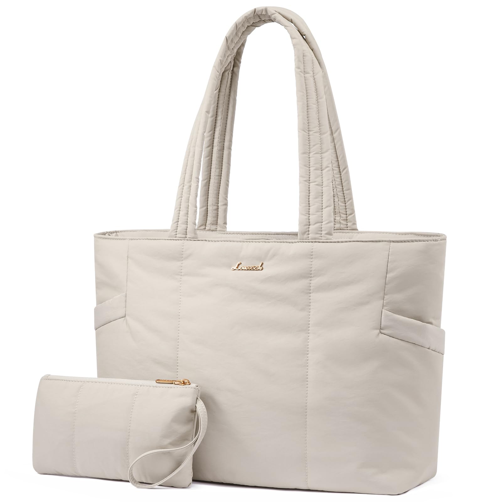 Photo 1 of LOVEVOOK Laptop Bag for Women, Lightweight Puffy Work Tote Bag with Clutch Purse, 15.6 Inch Computer Briefcase Bag for Women, Casual Handbag for Travel College, Beige
